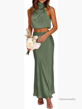 Women's 2 Piece Satin Outfits Mock Neck Crop Top and Long Skirt Set